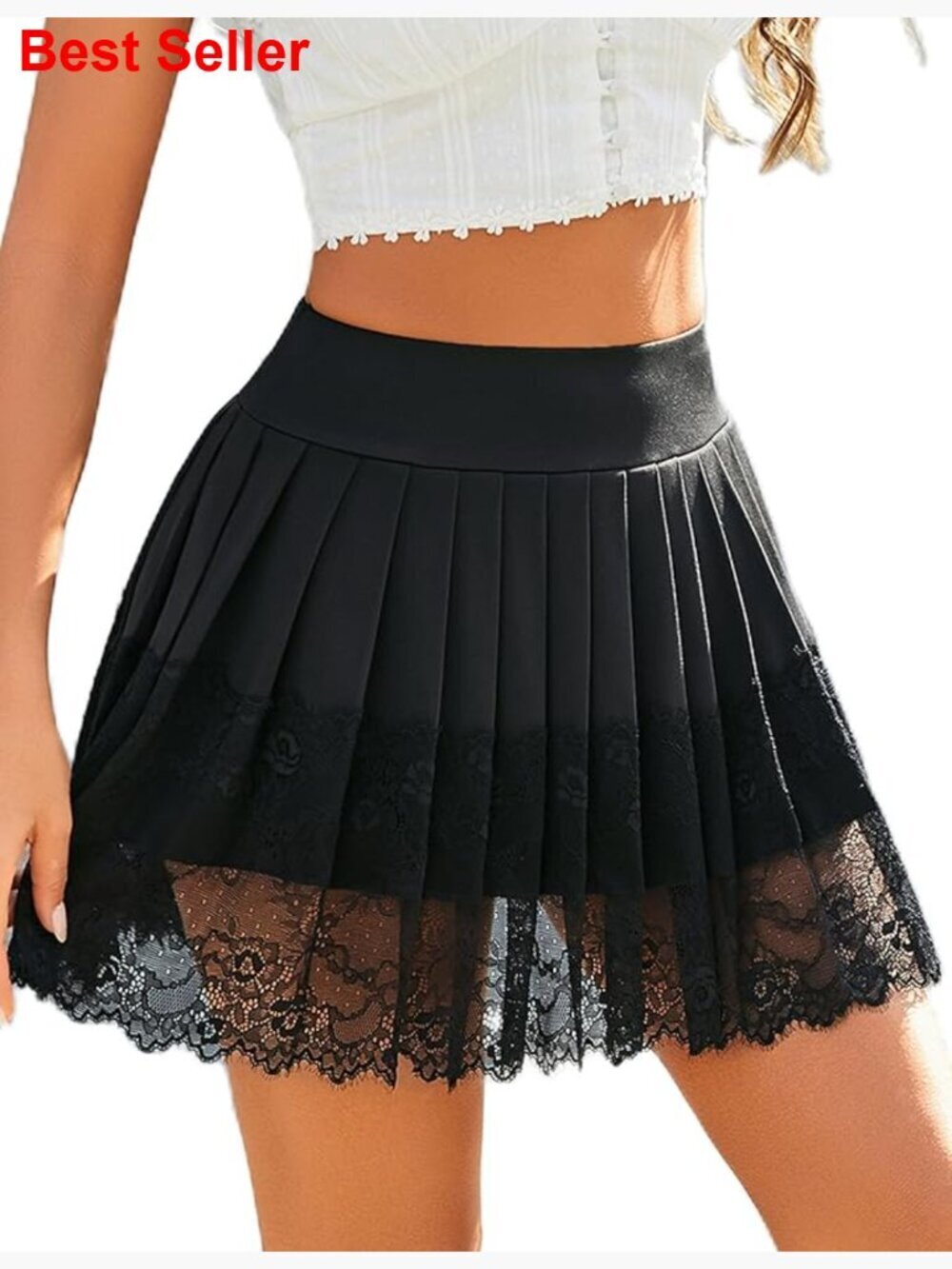 Pleated Lace Mini Skirt High Waist Sexy Going Out Skirt